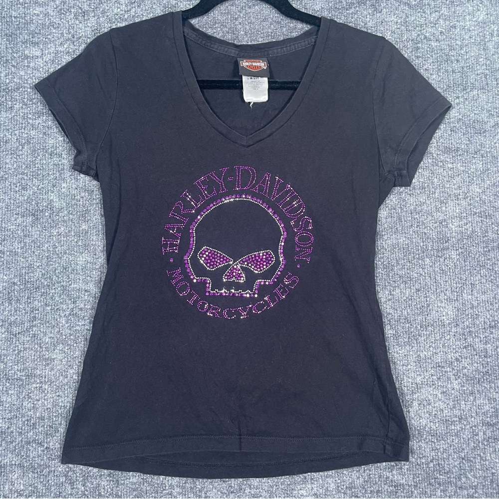 Harley Davidson Womens Medium V Neck Skull Purple Black Rhinestone Texas Biker